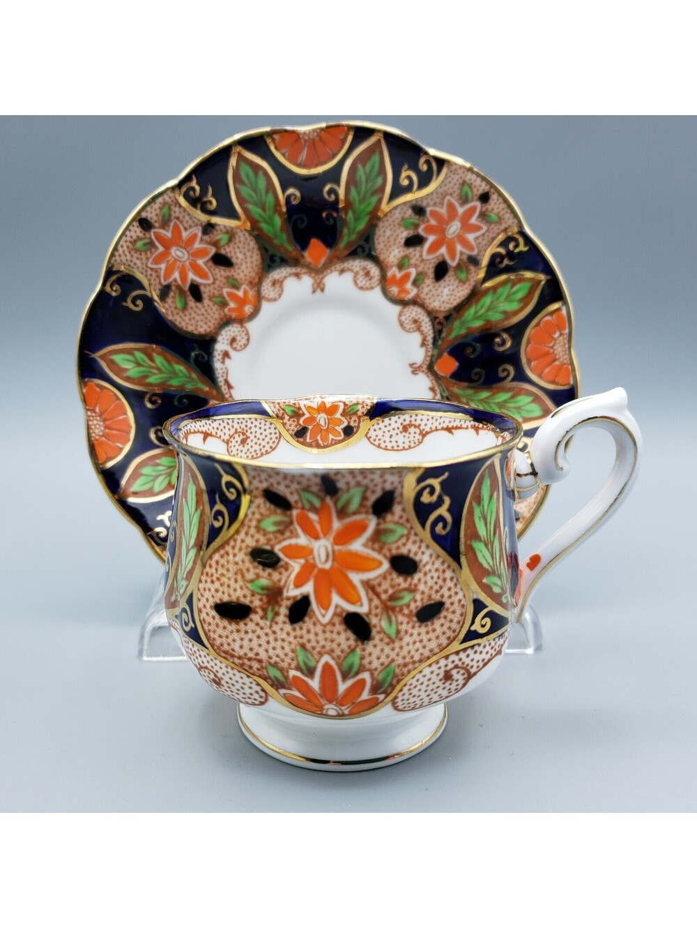 Vintage 1930s Royal Albert Imari Style Teacup & Saucer Cobalt Blue Orange Flower